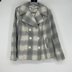 Old Navy Plaid Double Breasted Wool‎ Blend Pea Coat Jacket Size L Gray Cream